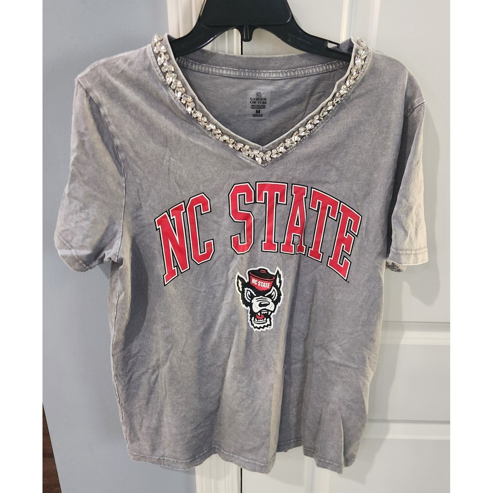 Gameday Couture NC State Wolfpack Rhinestone V-Neck Tee Grey Acid Wash Medium